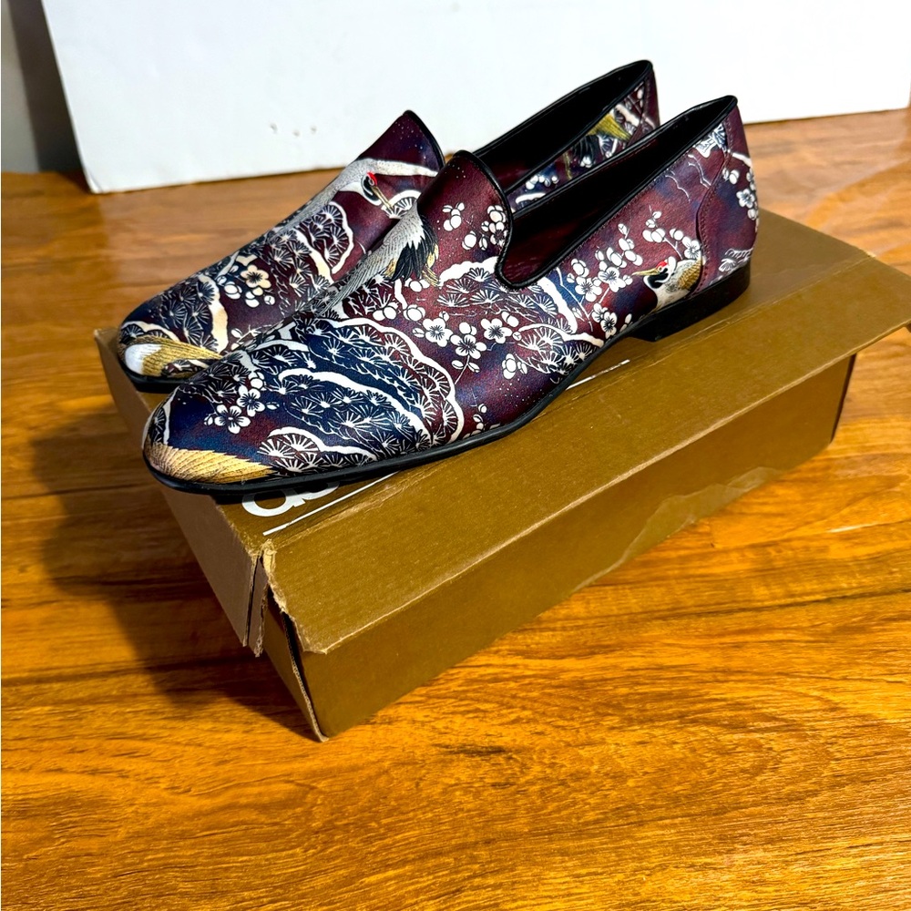 ASOS Design Burgundy silk loafers. Crane and floral print.